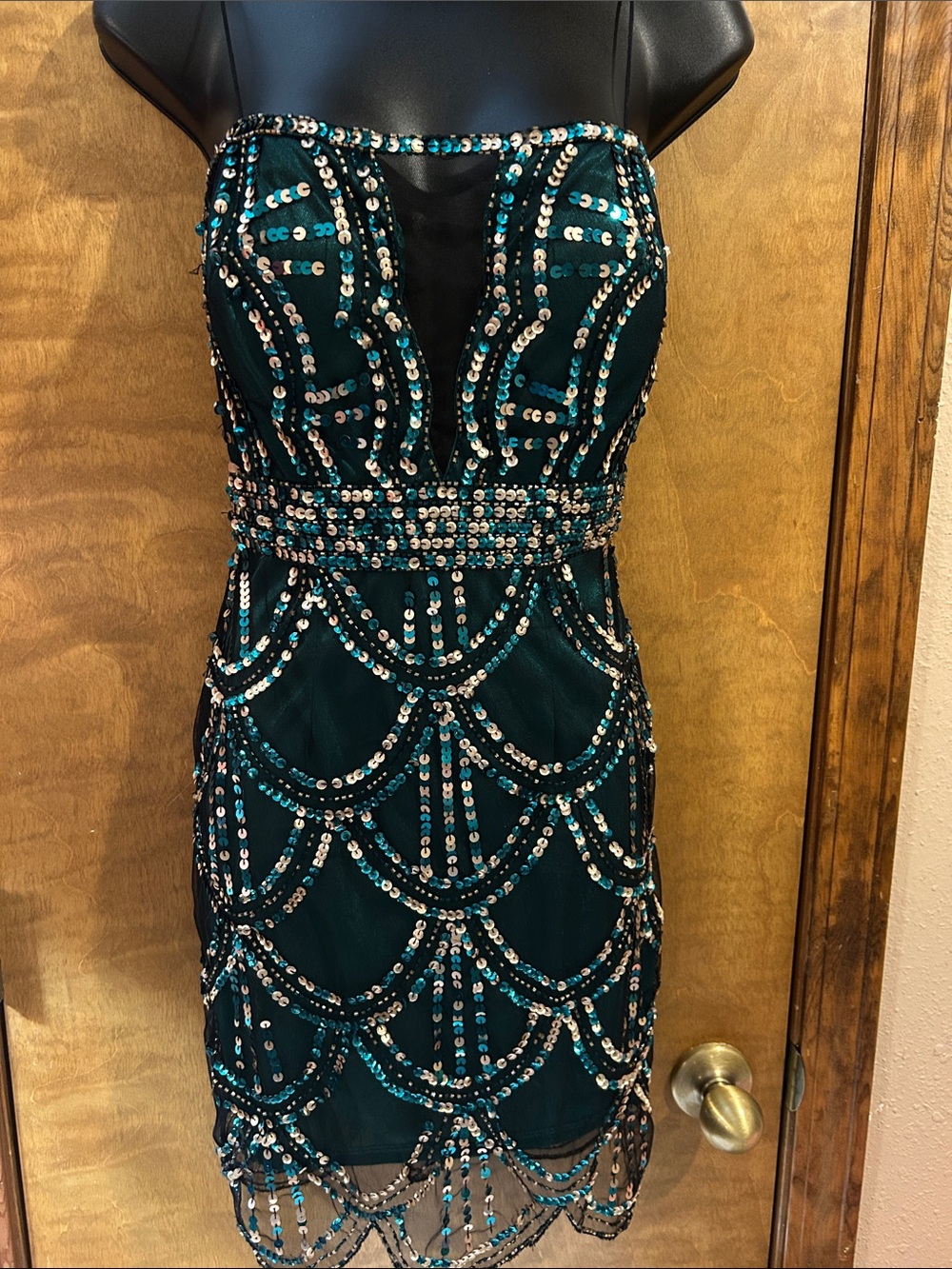 Strapless Teal Sequin Sheath Dress - Homecoming